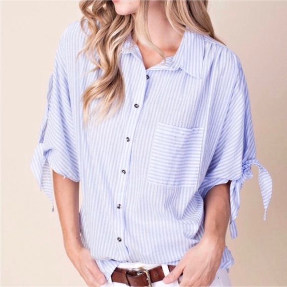 NWT Pin Striped Button Front Shirt Size Small Open Tie Sleeve Collared Pocket - Picture 12 of 16